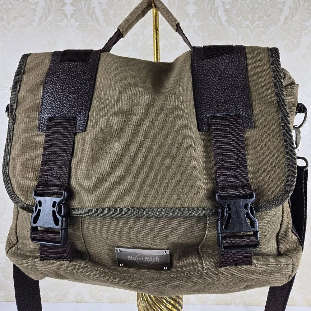 Hard Rock Olive Green Messenger Bag Laptop 100% Cotton Buckles Top Handle Strap